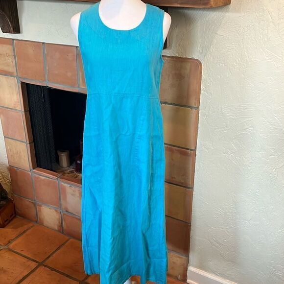 Flax 100% Linen Turquoise Sleeveless Midi Dress, size S - Picture 1 of 11